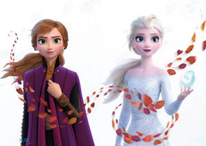 《魔雪奇緣》的安娜和愛莎被旋轉的秋葉和雪花包圍。