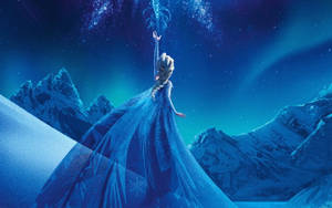 愛莎公主在星空下的雪山上施展冰魔法。