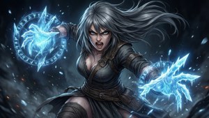 兇猛的女戰士在黑暗風暴中施展發光的藍色冰魔法。