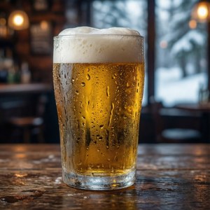 在舒適的冬季酒吧環境中，木吧檯上帶有冷凝水的冰凍啤酒杯