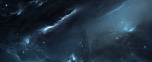 黑暗的宇宙星雲，帶有發光的藍色雲團和散落的星星，在深空中。