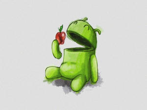 綠色Android吉祥物手持紅蘋果，面露微笑。 — 安卓 壁紙