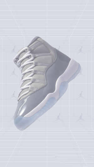 銀色Jordan 11運動鞋漂浮在帶有Jumpman標誌的數位網格中。 — 純灰色 壁紙