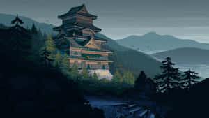 一座像素藝術風格的城堡，坐落在黃昏時分的森林山景中。