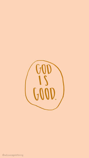 手寫短語 god is good 在蜜桃色背景上的圓圈內。