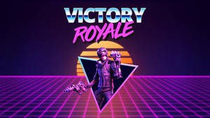 一個持槍的賽博朋克戰士站在日落下的霓虹網格中，帶有「Victory Royale」文字。 — 型格動態圖 壁紙