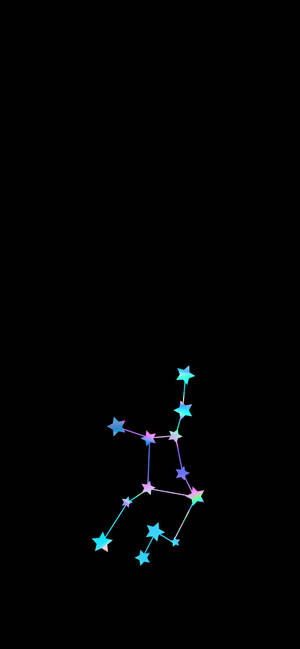發光的多彩星星在黑色背景上形成星座。