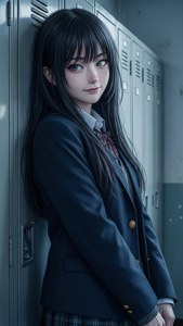 動漫女學生穿校服靠在走廊儲物櫃上