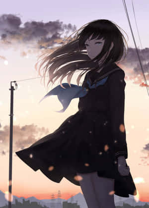 穿著校服的動漫女孩在日落時分迎風站立，身後是城市景觀。 — 動漫女孩 壁紙