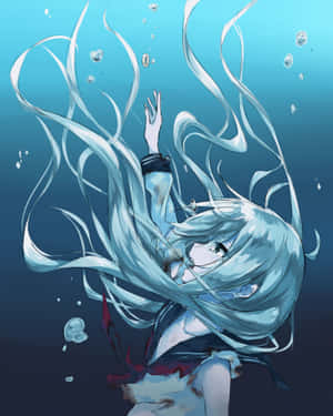 長藍髮的動漫女孩被氣泡包圍，漂浮在水中。