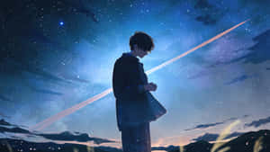 動漫男孩剪影凝視著星空夜空中發光的彗星。