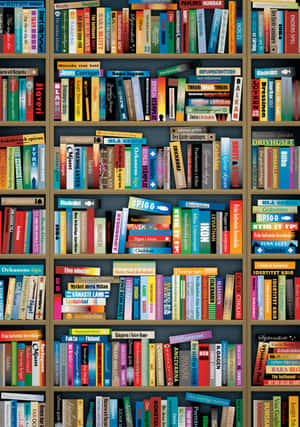 圖書館或書店的木質書架上整齊排列的彩色書籍。
