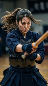 女性武術家身穿深色道服，在訓練中揮舞木劍。