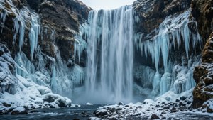 冬季景觀中帶有冰柱和積雪岩石的冰凍瀑布。