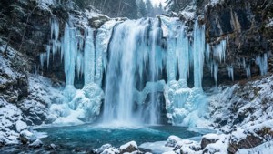 冬季森林中帶有冰柱和積雪岩石的冰凍瀑布
