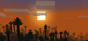 日落時的Minecraft森林，有塊狀樹木和發光太陽。
