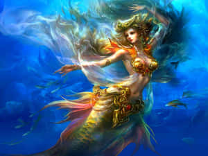 一位身穿金色盔甲的人魚，在魚群環繞下優雅地在水下游泳。 — 美人魚 GIF 壁紙