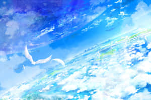 白翼鳥在佈滿雲朵和星星圖案的明亮藍天中滑翔。 — 天空美學 壁紙