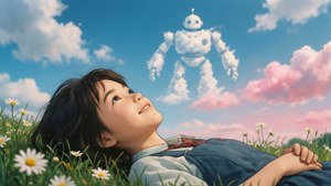 草地上的女孩對著漂浮在彩色天空中的雲朵機械人微笑。