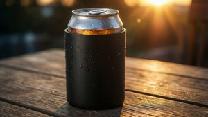 黑色啤酒保溫套中的冰凍啤酒罐放在木桌上，金色夕陽