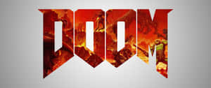 Doom 標誌，帶有惡魔和士兵在火焰地獄般的戰鬥場景中。