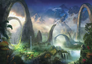 奇幻景觀，有巨大的石拱門、瀑布和暮色中霧氣繚繞的山脈。