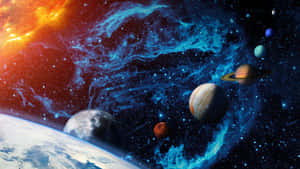 行星在色彩繽紛的星雲中運行，可見地球和土星。 — Astroworld GIF 壁紙