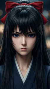黑髮紅蝴蝶結的動漫女孩穿著深色和服。