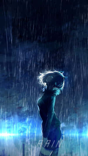 貓耳動漫女孩在夜晚的強雨中站在發光的藍光下。 — 深藍色美學 壁紙