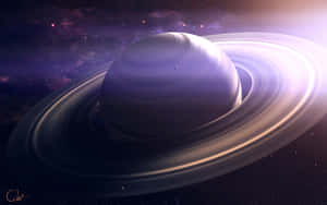 一顆紫色環狀行星漂浮在星光熠熠的星系中，伴隨著發光的星雲。