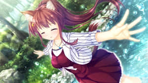 長著狐狸耳朵的動漫女孩跳入森林中閃閃發光的水中。