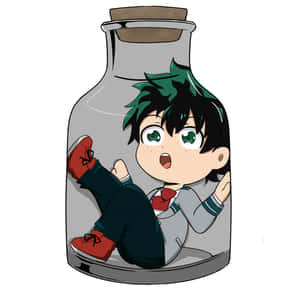 動漫男孩綠色眼睛在玻璃罐內穿著校服和紅色鞋子。