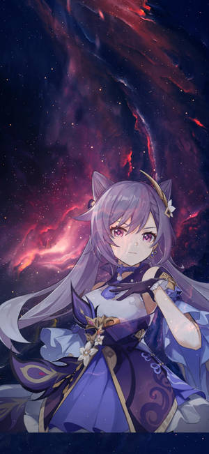 穿著紫色連衣裙的貓耳動漫女孩，以宇宙星雲為背景