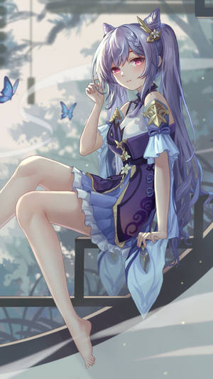 紫髮貓耳動漫女孩赤腳坐在欄杆上，蝴蝶飛舞