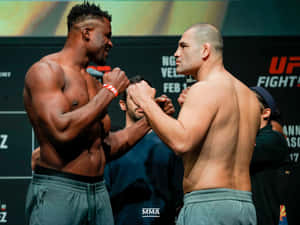 兩名赤裸上身的MMA拳手在賽前對視中鎖拳。