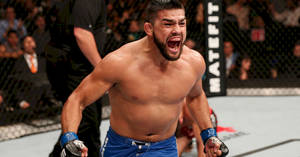 MMA鬥士在八角籠內慶祝勝利，背景有觀眾。