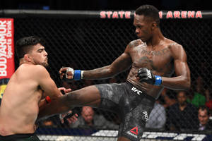 兩名MMA拳手在比賽期間於UFC八角籠內戰鬥。