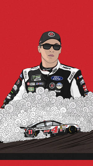 NASCAR車手穿著賽車服，賽車從紅色背景的煙霧中出現