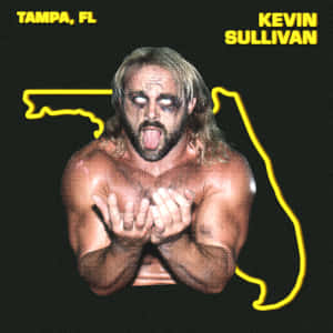 摔角手 Kevin Sullivan 擺出伸出舌頭、手掌向上的姿勢，由黃色佛羅里達州輪廓框住。