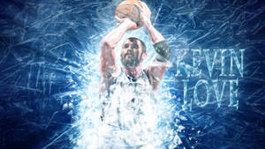 Kevin Love 投籃，帶有藍色碎玻璃效果，他的名字以風格化文字呈現。 — 2560x1440 壁紙