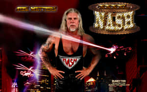 摔角手 Scott Hall 穿著印有 'NASH' 標誌的黑色背心，背景是發光的紅色城市天際線夜景。