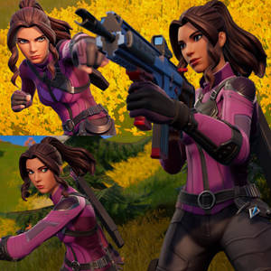 穿著紫色裝備的Fortnite角色在花田中瞄準武器