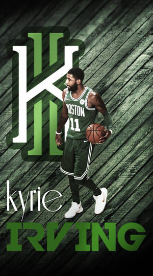 Kyrie Irving 身穿波士頓塞爾特人球衣，在木地板上運球，並有風格化文字。