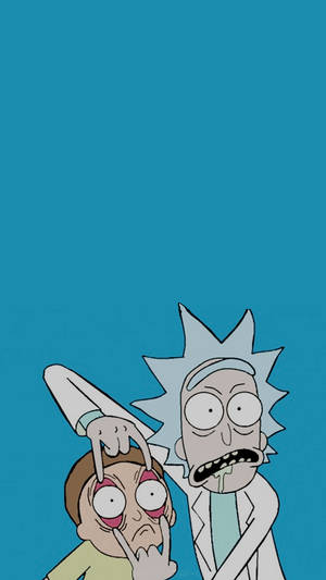 Rick and Morty 卡通角色在純青色背景上，表情誇張。