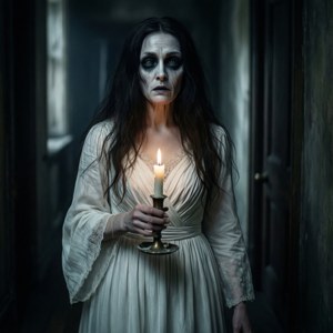 一個幽靈般的女人穿着白色連衣裙，在黑暗的走廊裏拿着一根蠟燭。