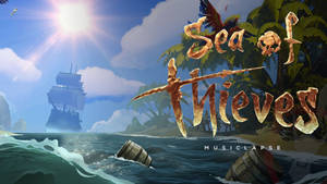 海盜船駛向熱帶島嶼，遊戲標題 Sea of Thieves 和鸚鵡。