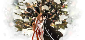 動漫情侶在雪樹下擁抱，伴隨著閃爍的燈光。 — 刀劍神域 GIF 壁紙