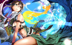 擁有貓耳和綠色眼睛的動漫女孩，在奇幻的宇宙環境中，伴隨著能量軌跡和鳥類。