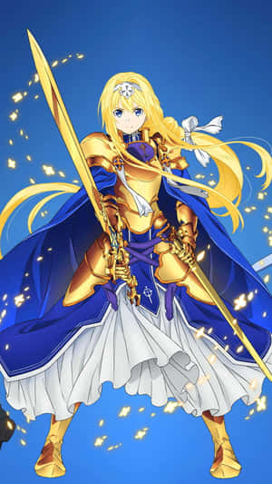動漫女騎士，身穿金色盔甲和藍色披風，手持發光的劍。