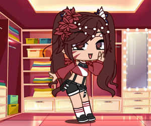 有角的動漫女孩在帶有架子和鏡子的更衣室裡擺姿勢。 — Gacha life GIF 壁紙